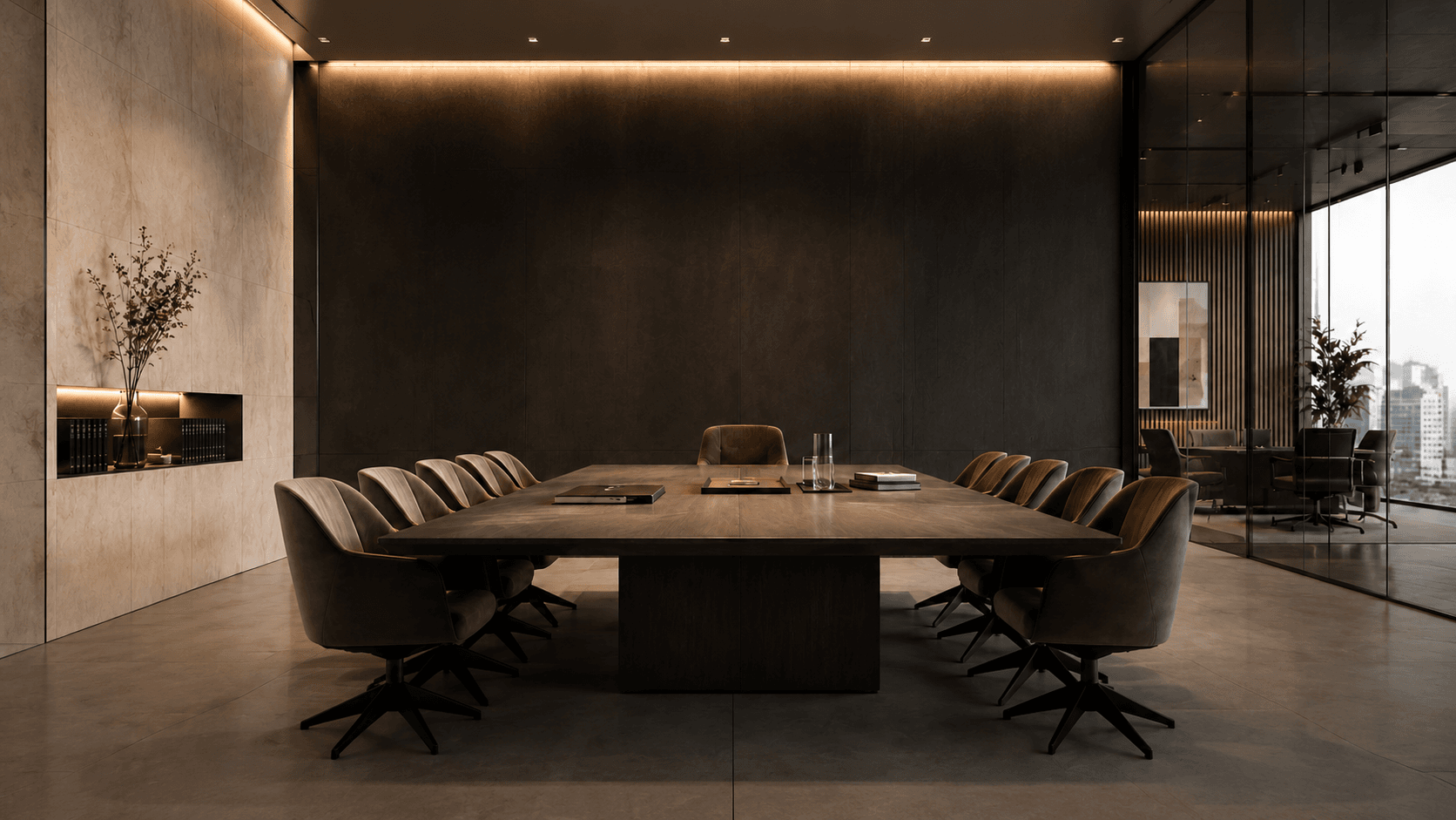 Sala de reunião corporativa representando atuação societária.